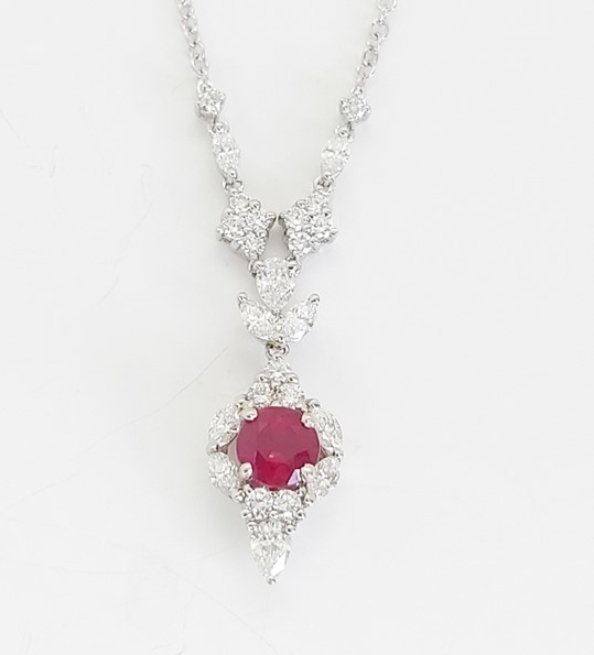 Round Ruby 1.01ct set with 1.22ctw Diamond 18K White Gold Necklace by Gregg Ruth