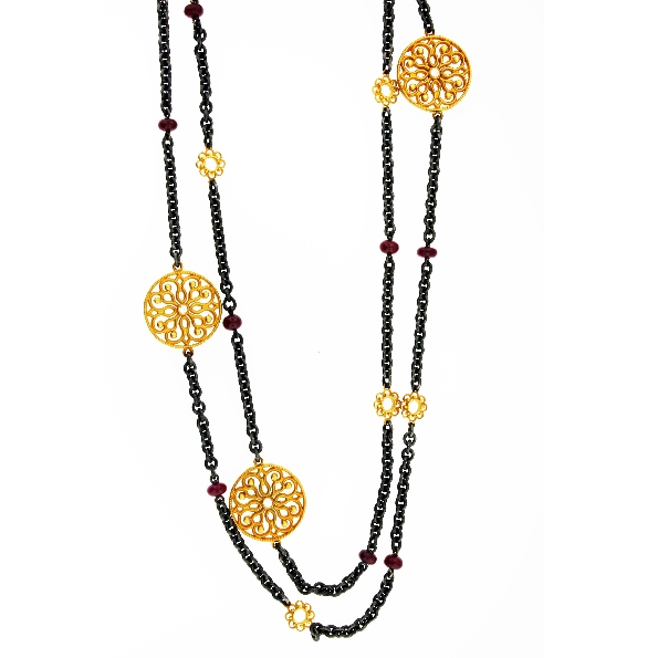 Polished Ruby Bead 13.00ctw with 0.16ctw Diamond 18K Yellow Gold and Blackened Sterling Silver Necklace - 37 Inch  - 50% Off - Final Sale   