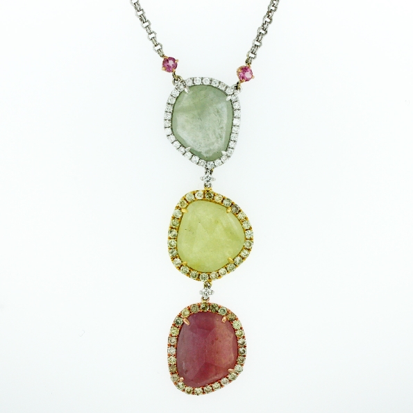 Multi Colour Sapphire 33.15ctw set with 2.26ctw White; Yellow and Cognac Diamond 18K White; Yellow and Pink Rose Gold Necklace - 16 1/2 Inch