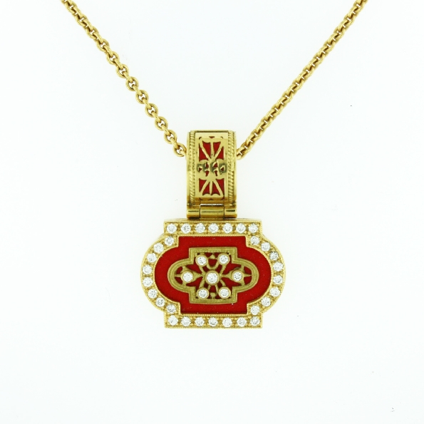 0.48ctw Diamond with Red Enamel 18K Yellow Gold Pendant & Chain By Norman Covan 