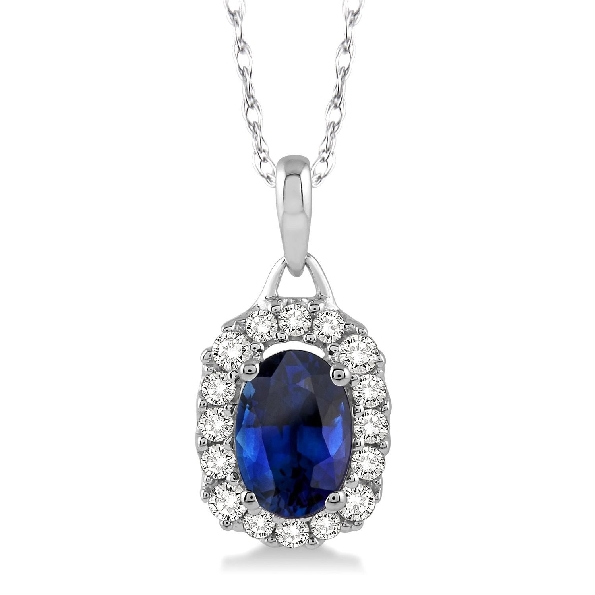 Oval Sapphire with 0.15ctw Diamond I1 Clarity; JK Colour Halo 14K White Gold Pendant (chain not included)