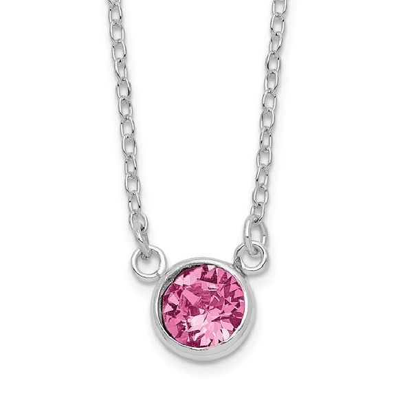 Round Bezel Pink Crystal Sterling Silver Rhodium Plated Necklace- 18.5 Inch