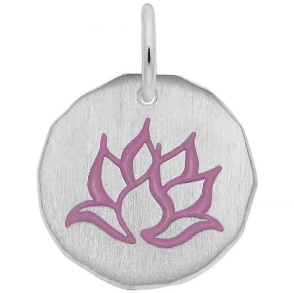 Pink Enamel Lotus Flower Brushed Disc Sterling Silver Pendant