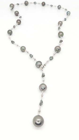 11-14mm Black Tahitian Pearl with Diamond Cut Beads 18K White Gold Y Necklace - 32 Inch