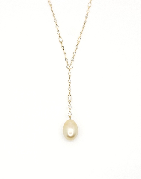12.9mm Golden South Sea Pearl with Bezel Set White Topaz Link 18K Yellow Gold Y Necklace - 18 Inch + 2 Inch Dangle