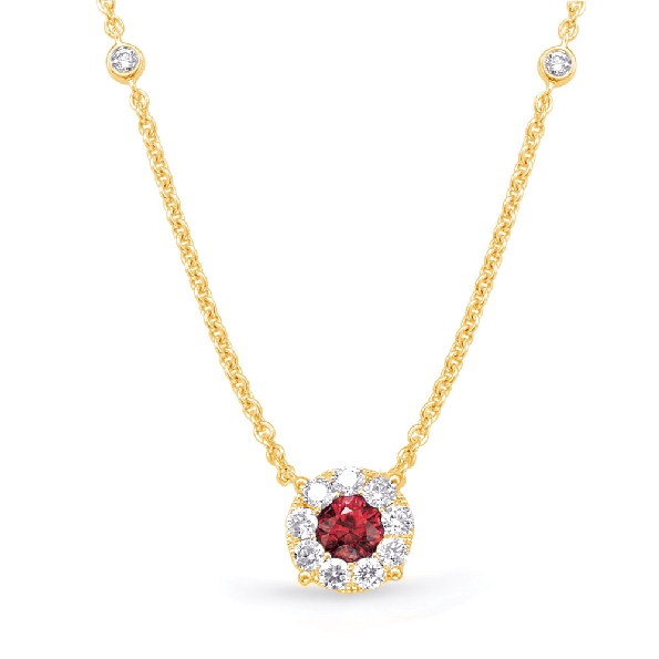 Ruby 0.39ct set with 0.44ctw Round Diamond SI1 Clarity; G Colour Halo with Bezel Set Diamond Stations 14K Yellow Gold Necklace - 16 - 18 Inch