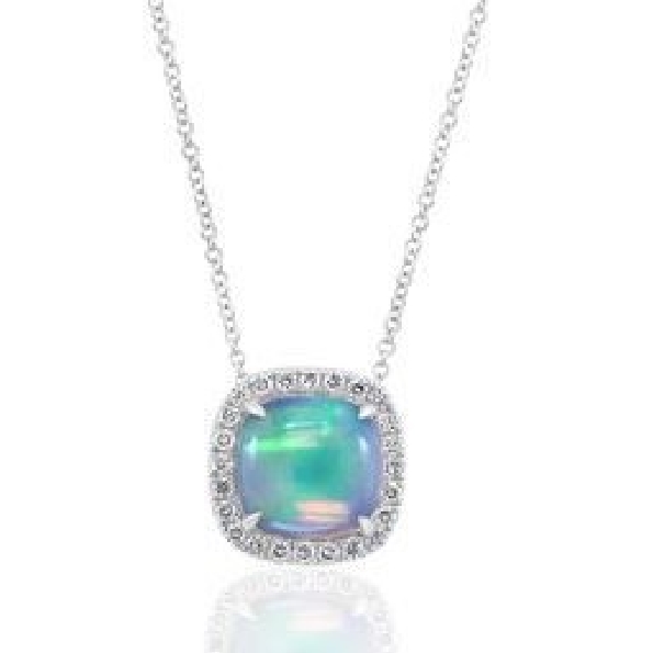 Cushion Opal 2.30ct with 0.31ctw Diamond Halo 14K White Gold Pendant and Chain