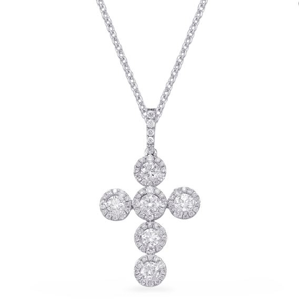 0.86ctw Round Halo Diamond SI1 Clarity; G Colour 14K White Gold Cross Pendant
*Chain not included.