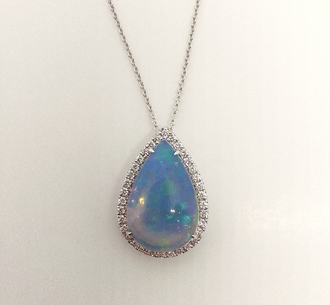 Large Pear Opal 6.64ct with 0.43ctw Diamond Halo 14K White Gold Pendant and Chain - 18 Inch
