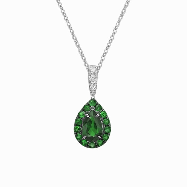 Pear Shape Emerald with Emerald Halo and 0.06ctw Diamond Accented Bail 10K White Gold Pendant and Chain
