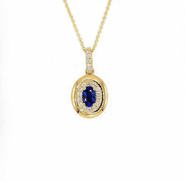 Oval Shape Blue Sapphire 0.59ct and 0.19ctw Diamond High Polished Frame 18K Yellow Gold Pendant with 18 Inch Cable Link Chain