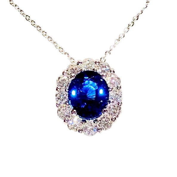 Oval Shape Blue Sapphire 2.20ct with 0.90ctw Diamond Halo 18K White Gold Pendant with 18 Inch Cable Link Chain