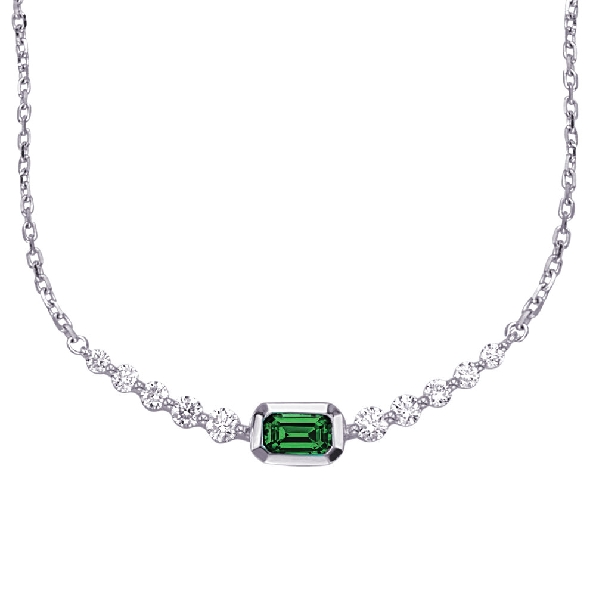 0.27ct Emerald Bezel Set with 0.33ctw Diamond SI1 Clarity; G Colour Curved Bar 14K White Gold Necklace - 16 - 18 Inch