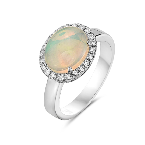 1.22ct Oval Opal with 0.22ctw Diamond Halo 14K White Gold Ring by Bassali Jewellery
