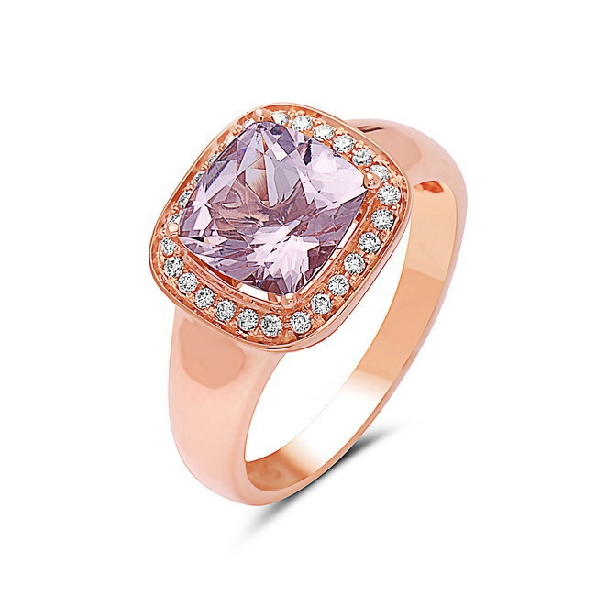 Cushion Morganite with 0.13ctw Diamond Halo 14K Rose Gold Ring by Bassali Jewellery