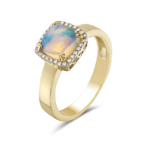 0.91ct Cushion Shape Opal with 0.09ctw Diamond Halo 14K Yellow Gold Ring by Bassali Jewellery