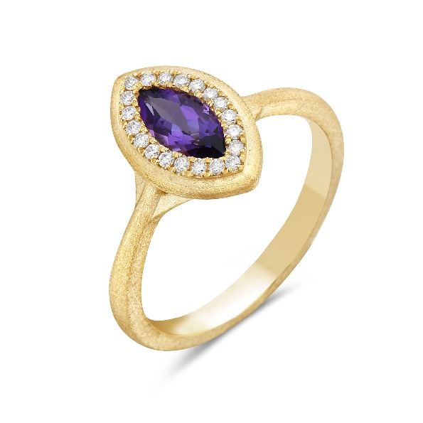 Marquise Amethyst 0.46ct with 0.10ctw Diamond Halo Brushed Finish 14K Yellow Gold Ring by Bassali Jewellery