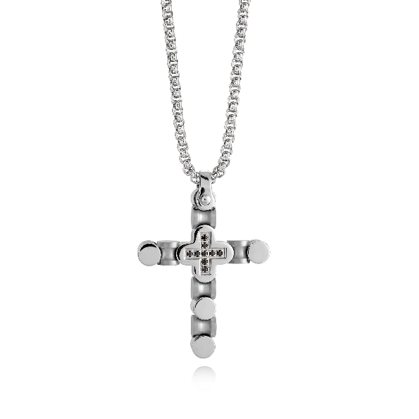 Stainless Steel Connected Circles with Black Cubic Zirconia Cross with Round Box Chain by Italgem Steel - 22 Inch