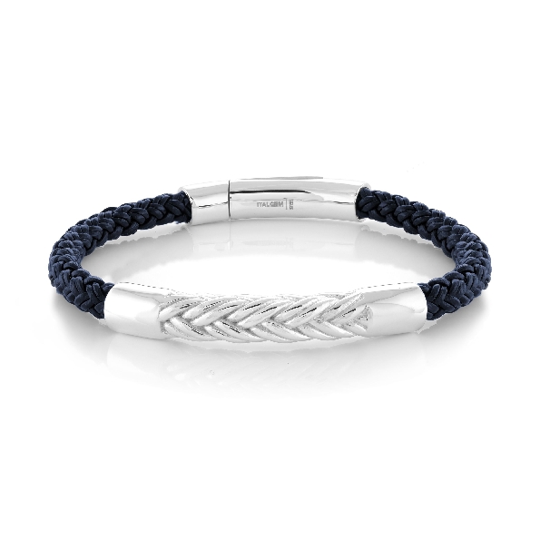 Braided Blue Leather Bracelet with Shiny Chevron Design Stainless Steel Magnetic Clasp by Italgem Steel - 8.2 Inch