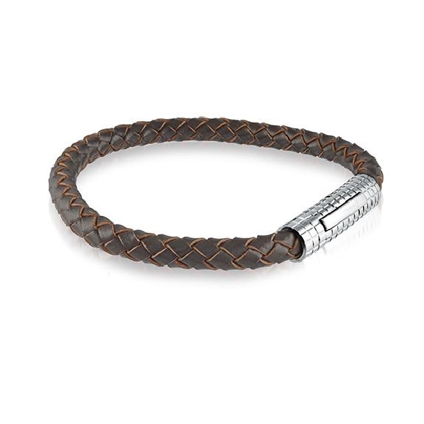 Braided Brown Leather with Stainless Steel Shiny Push Clasp by Italgem Steel