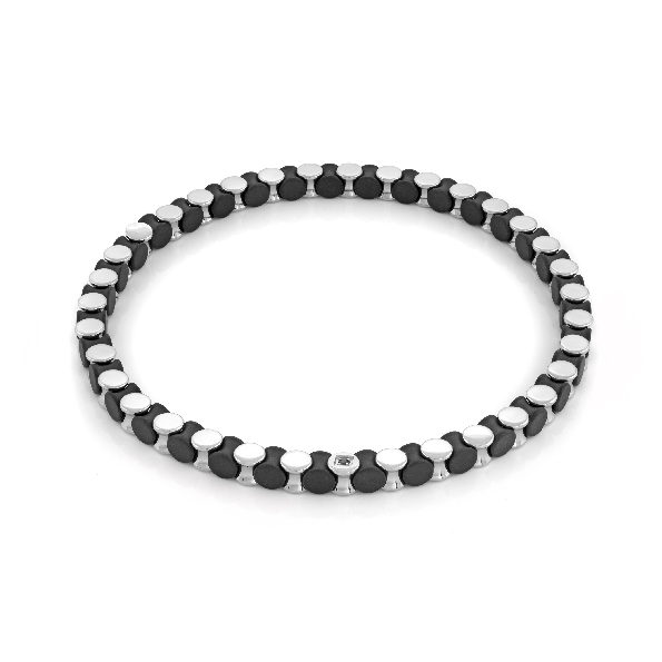 Stainless Steel with Black Ion Plating Satin and Polished Beaded Stretch Bracelet with Black Cubic Zirconia by Italgem Steel - 8.2 inch
