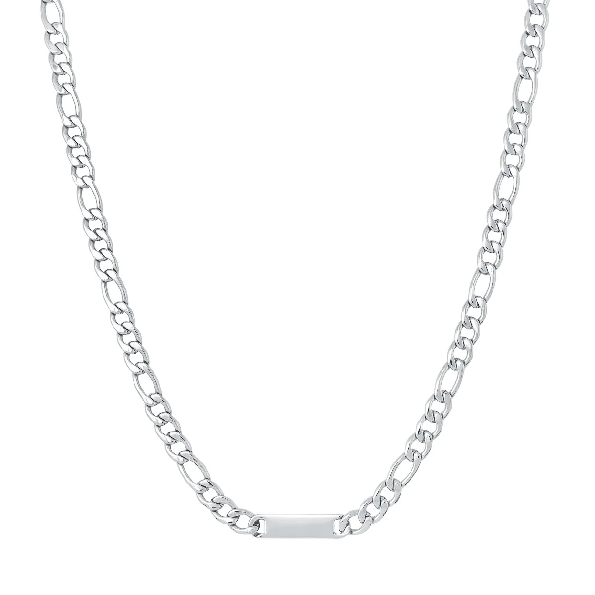 Stainless Steel Polished 4.5mm Figaro Chain with One Engraveable Plate by Italgem Steel - 22 Inch 