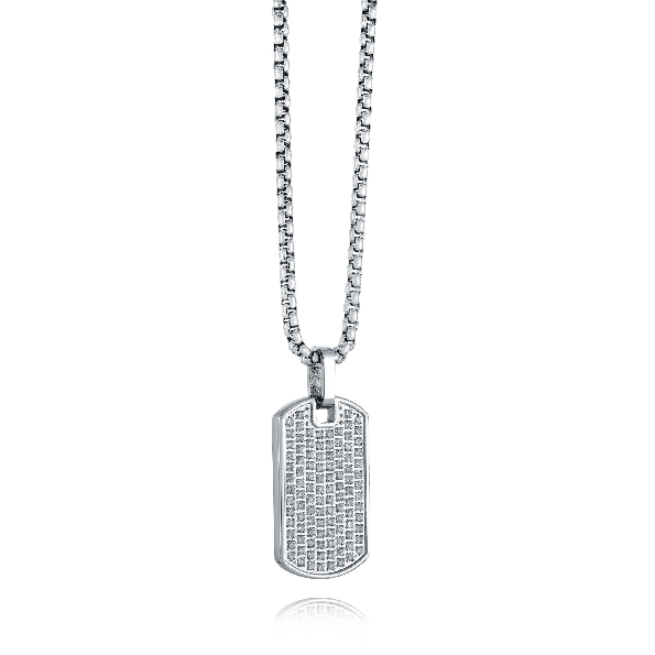 Stainless Steel Pave White Cubic Zirconia Dog Tag Pendant with 22 Inch Round Box Chain by Italgem Steel