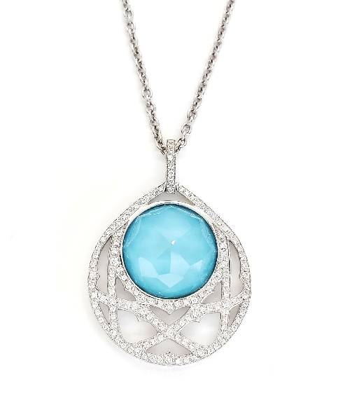 Small Love Haze Pendant set with Turquoise and Quartz (19.03ct) and 0.84ctw White Diamonds 18K White Gold Pendant and 17 Inch Chain by Stephen Webster