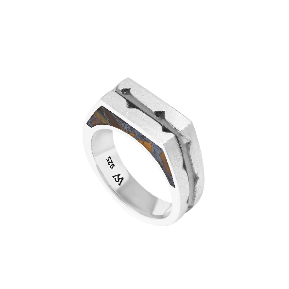 Stephen Webster Inscription Signet with Tiger Iron Inlay on Profile and Thorn Inscription Throught the Centre with Gunmetal Finish Sterling Silver Ring - Size 10