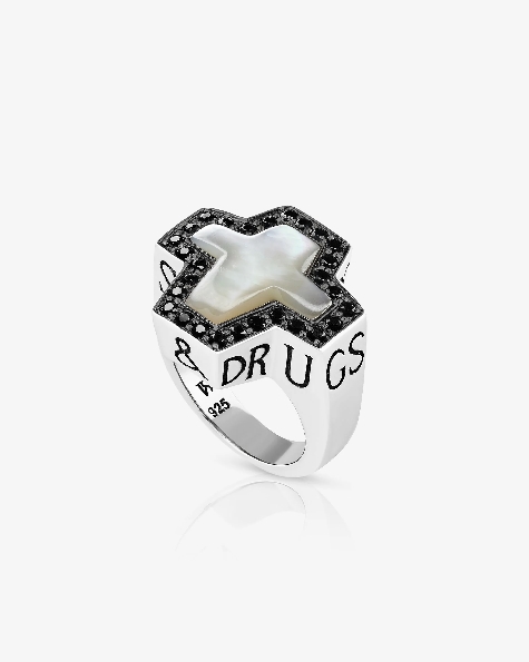   Sex; Drugs and Rock n Roll   White Mother of Pearl with Black Sapphire Sterling Silver Ring by Stephen Webster