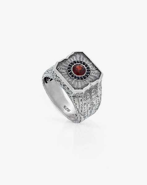 England Made Me Cuban Leaf Engraving Red Garnet with Black Sapphire Sterling Silver Gun Metal Finish Ring by Stephen Webster