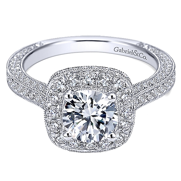Solitaire with Cushion Halo & Shoulder Diamonds Alloy Sample Ring Mount by Gabriel & Co. - ER7256ALZJJ