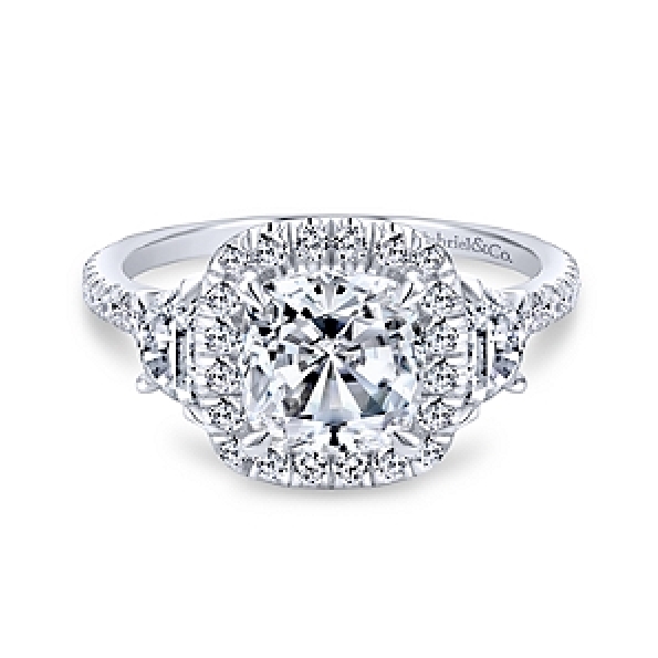 Three Stone Ring with Cushion Halo and Diamond Shoulders Alloy Sample Ring Mount by Gabriel & Co. - ER9189ALZJJ