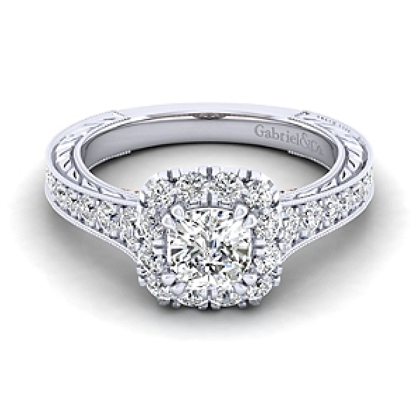 Two Tone Rose Solitaire with Cushion Halo and Graduated Diamond Shoulders Alloy Sample Ring Mount by Gabriel & Co. - ER12827C4STZJJ