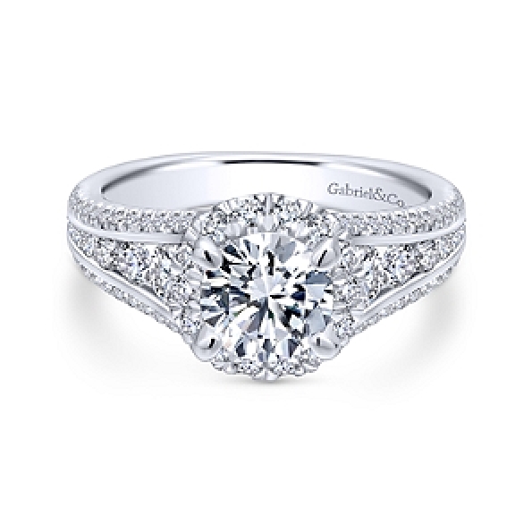 Solitaire with Round Halo and Graduated Triple Row Diamond Shoulders Alloy Sample Ring Mount by Gabriel & Co. - ER12610R4ALZJJ