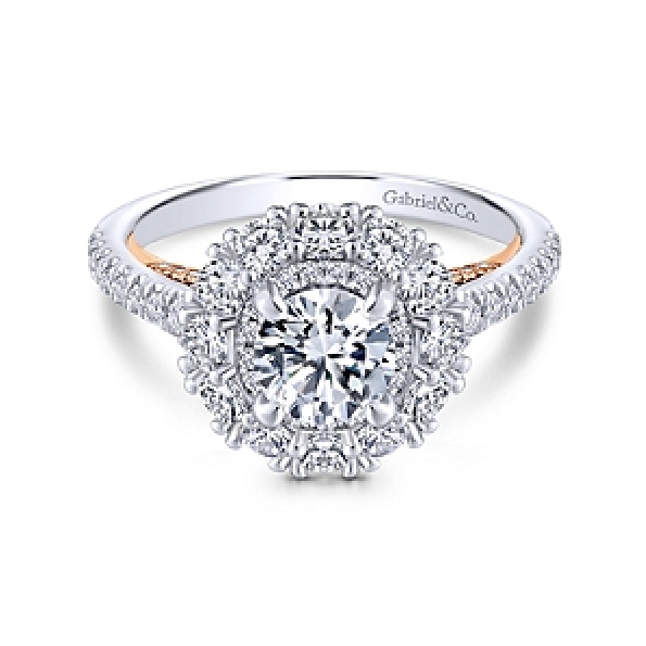 Round Double Halo with Diamond Shoulders and Rose Gold Gallery Alloy Sample Ring Mount by Gabriel & Co. - ER13915R3STZJJ