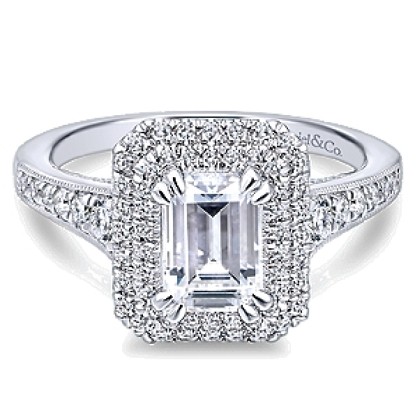 Emerald Cut with Double Halo  and Graduated Diamond Shoulders Alloy Sample Ring Mount by Gabriel & Co. - ER12650E4ALZJJ