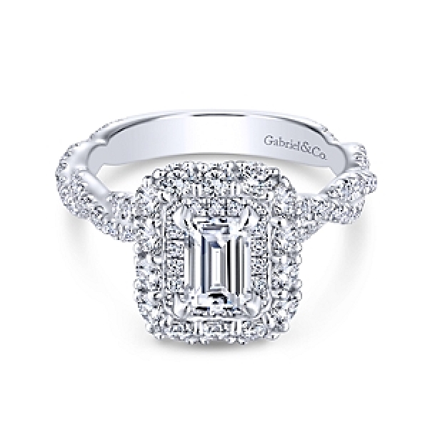 Emerald Cut with Halo and Twist Diamond Shoulders Alloy Sample Ring Mount by Gabriel & Co. - ER13897E3ALZJJ