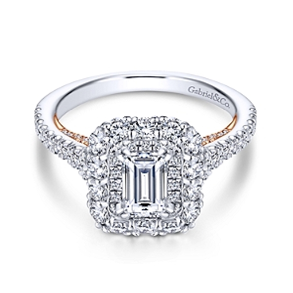 Emerald Cut with Double Halo and Graduated Diamond Shoulders with Rose Gold Gallery Alloy Sample Ring Mount by Gabriel & Co. - ER13892E3STZJJ