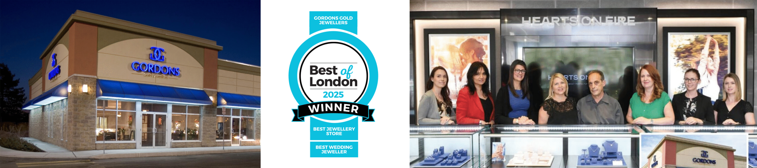 Gordons Gold Jewellers outside storefront picture, next to award for Best of London 2025, Best Jewellery Store and Best Wedding Jeweller, then 3rd picture in the row is the staff inside the showroom