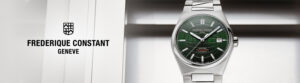 image of a silver watch with a black face and the text logo next to it for Frederique Constant
